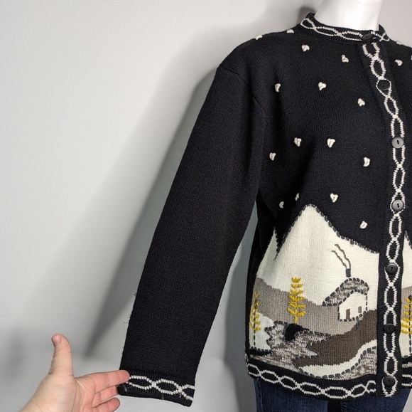 Vintage Joyce Black White Winter Mountain Home Button Up Cardigan Sweater L - Picture 5 of 9